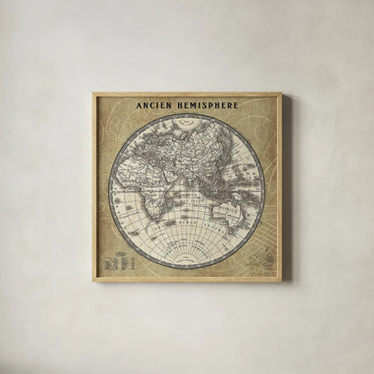 French World Map II by Sue Schlabach. Shown in a natural wood glass frame for a timeless modern aesthetic. Available as an archival giclee rolled canvas, fine art paper, or poster print. SKU 15689a.