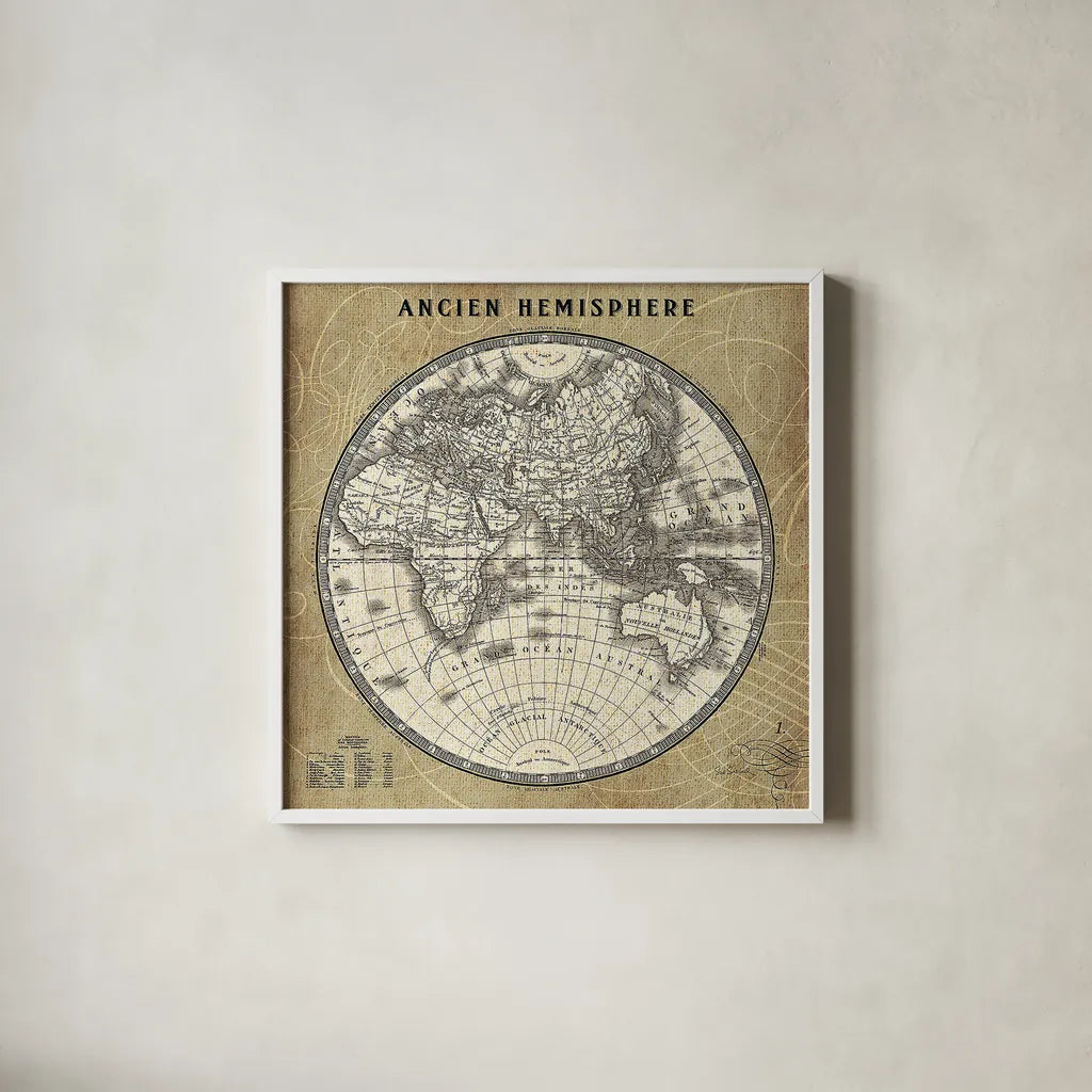 French World Map II by Sue Schlabach. Shown in a crisp white glass frame for a clean and minimalist style. Available as an archival giclee rolled canvas, fine art paper, or poster print. SKU 15689a.