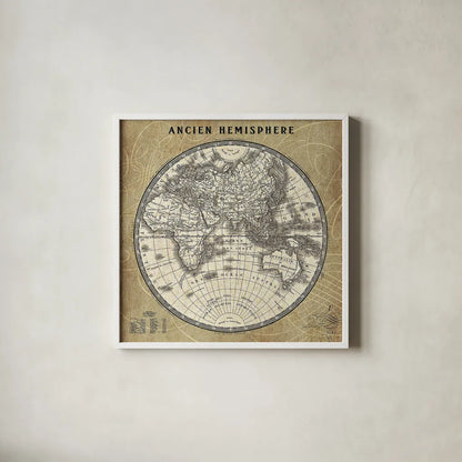 French World Map II by Sue Schlabach. Shown in a crisp white glass frame for a clean and minimalist style. Available as an archival giclee rolled canvas, fine art paper, or poster print. SKU 15689a.