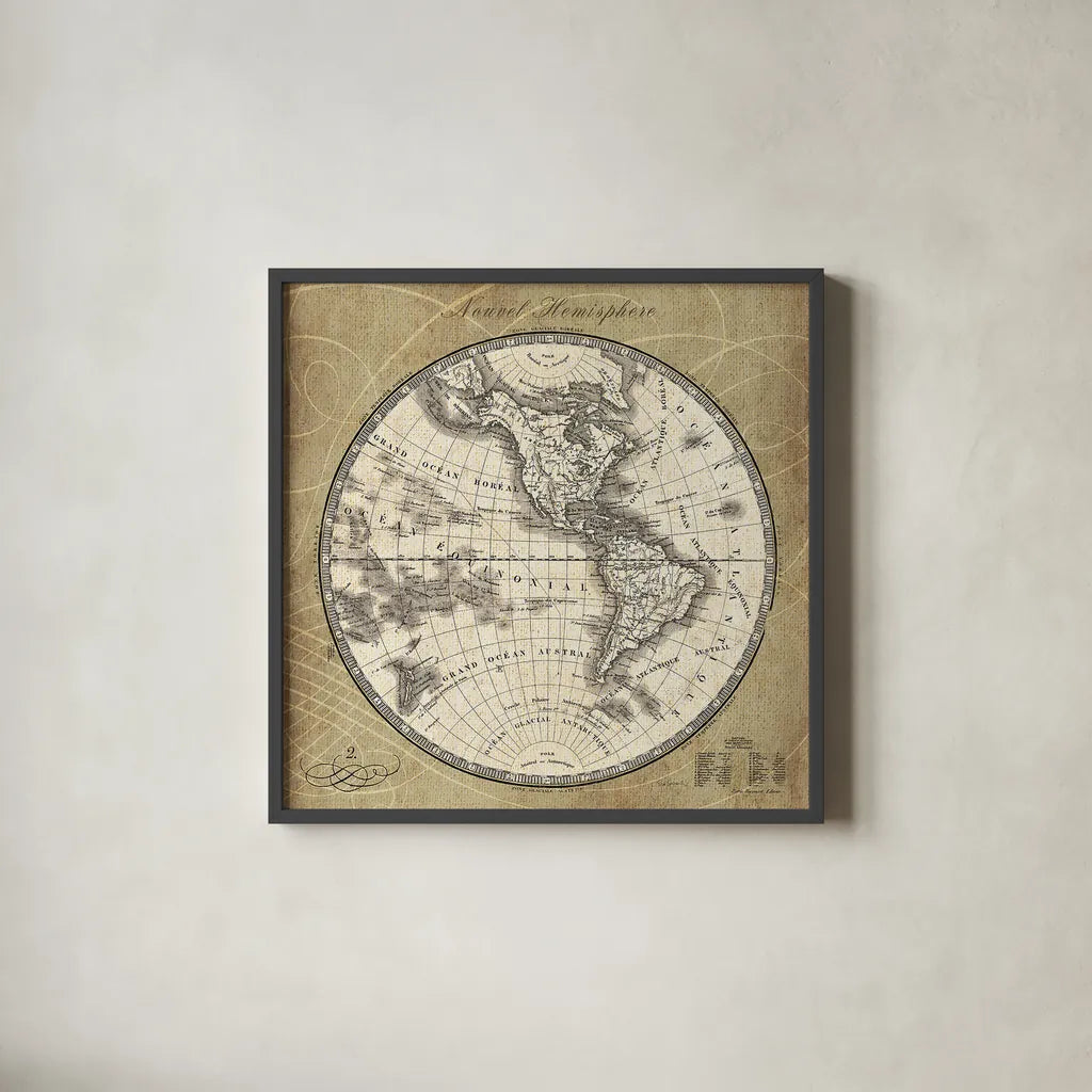 French World Map III by Sue Schlabach. Shown in a sleek black glass frame for a contemporary gallery look. Available as an archival giclee rolled canvas, fine art paper, or poster print. SKU 13227a.