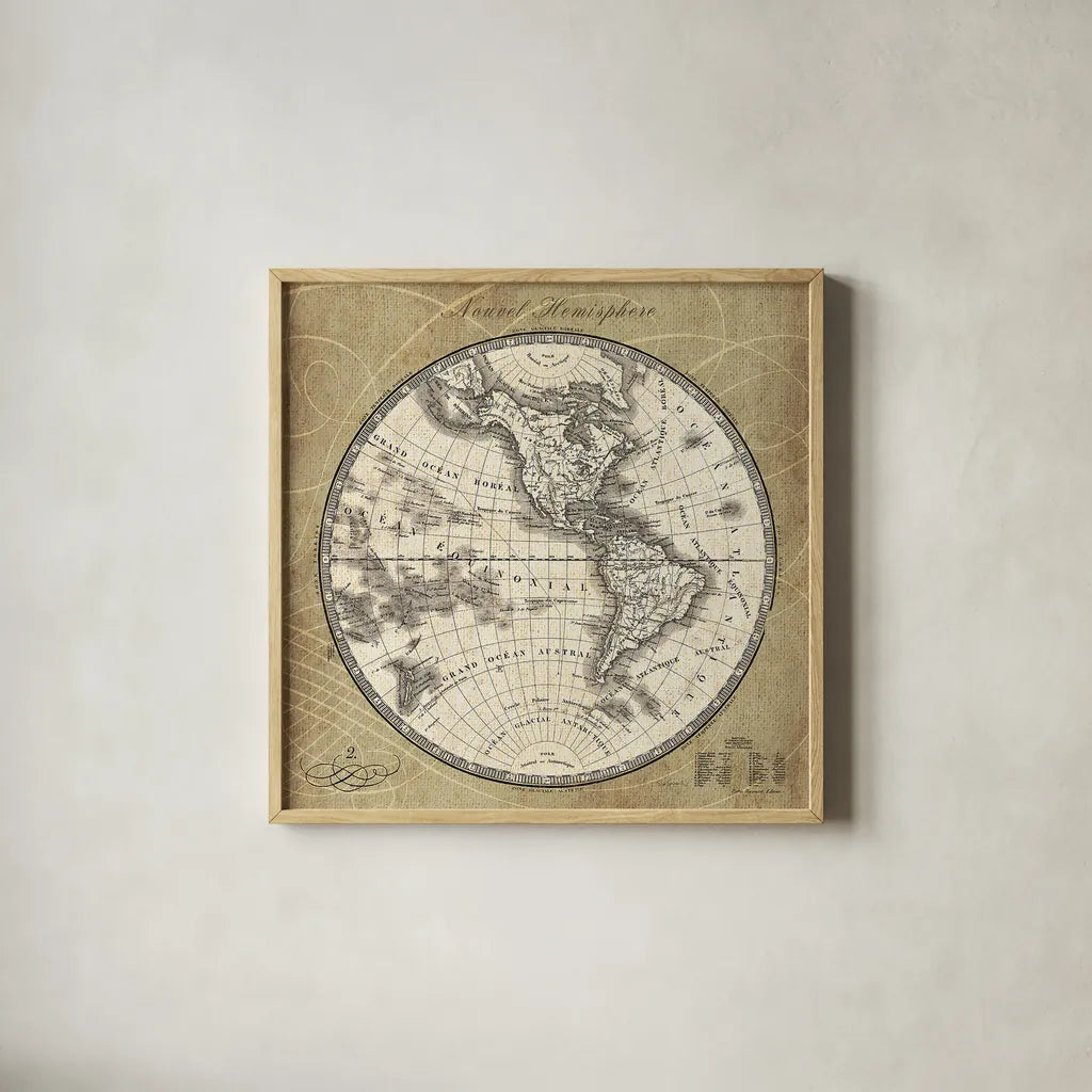French World Map III by Sue Schlabach. Shown in a natural wood glass frame for a timeless modern aesthetic. Available as an archival giclee rolled canvas, fine art paper, or poster print. SKU 13227a.