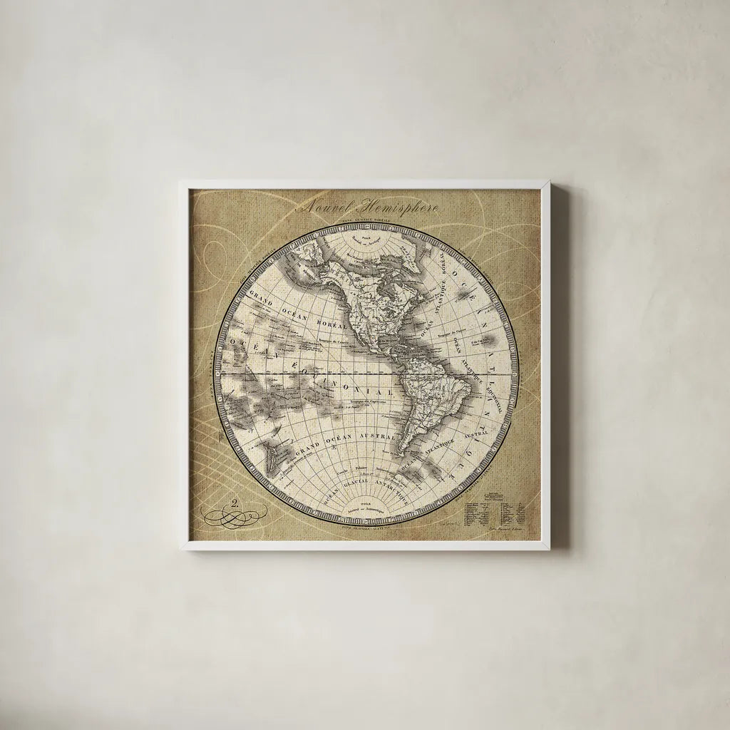 French World Map III by Sue Schlabach. Shown in a crisp white glass frame for a clean and minimalist style. Available as an archival giclee rolled canvas, fine art paper, or poster print. SKU 13227a.