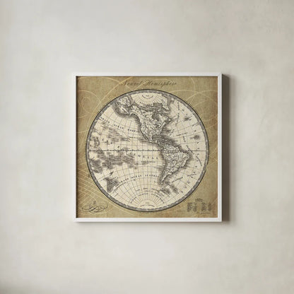 French World Map III by Sue Schlabach. Shown in a crisp white glass frame for a clean and minimalist style. Available as an archival giclee rolled canvas, fine art paper, or poster print. SKU 13227a.
