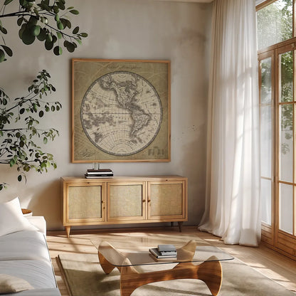 French World Map III by Sue Schlabach. Shown in a natural wood frame in a cozy modern living room. Available as an archival giclee rolled canvas, fine art paper, or poster print. SKU 13227a.