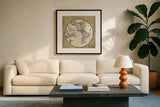 French World Map III by Sue Schlabach. Displayed in a glass frame with matte in a clean modern living room. Available as an archival giclee rolled canvas, fine art paper, or poster print. SKU 13227a.