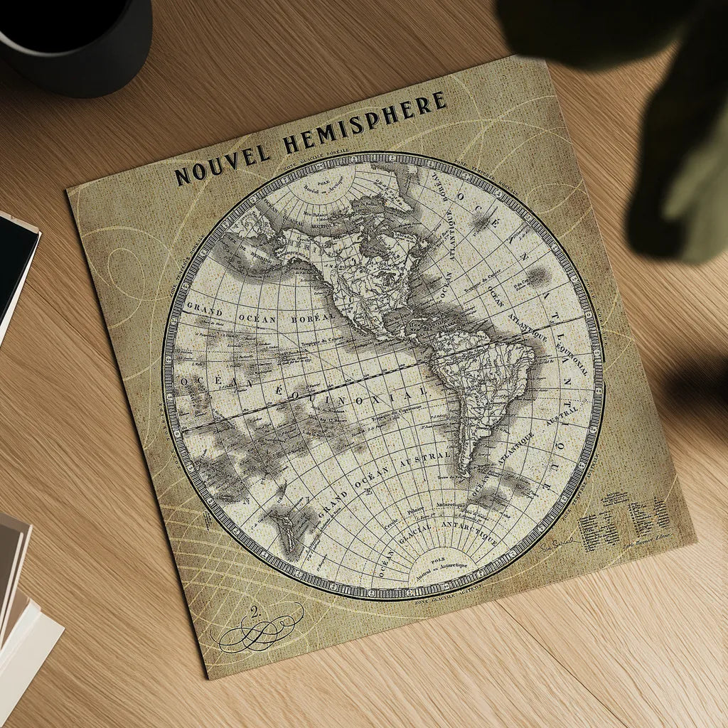 French World Map III by Sue Schlabach. Shown as a detailed flat fine art print, highlighting archival giclee quality. Available as an archival giclee rolled canvas, fine art paper, or poster print. SKU 15690a.