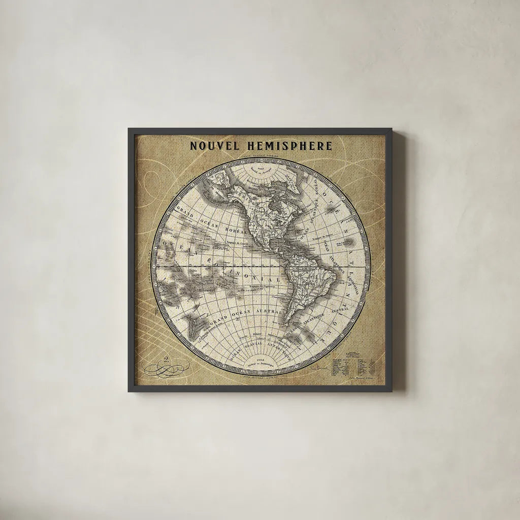 French World Map III by Sue Schlabach. Shown in a sleek black glass frame for a contemporary gallery look. Available as an archival giclee rolled canvas, fine art paper, or poster print. SKU 15690a.