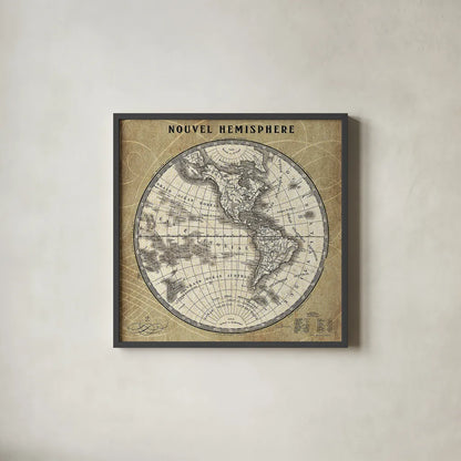 French World Map III by Sue Schlabach. Shown in a sleek black glass frame for a contemporary gallery look. Available as an archival giclee rolled canvas, fine art paper, or poster print. SKU 15690a.