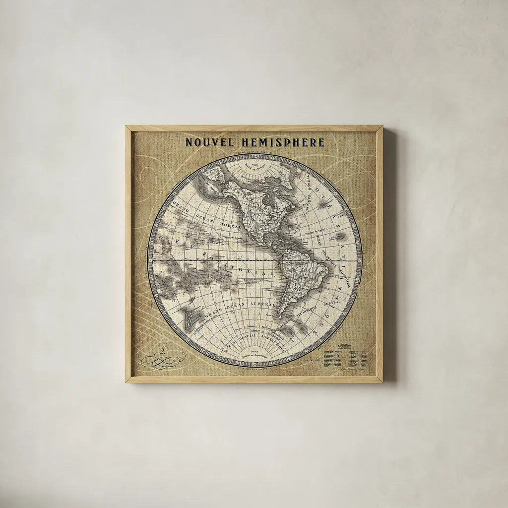 French World Map III by Sue Schlabach. Shown in a natural wood glass frame for a timeless modern aesthetic. Available as an archival giclee rolled canvas, fine art paper, or poster print. SKU 15690a.