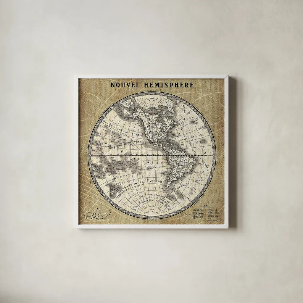 French World Map III by Sue Schlabach. Shown in a crisp white glass frame for a clean and minimalist style. Available as an archival giclee rolled canvas, fine art paper, or poster print. SKU 15690a.