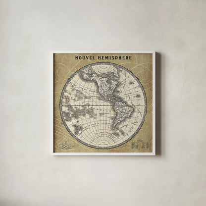 French World Map III by Sue Schlabach. Shown in a crisp white glass frame for a clean and minimalist style. Available as an archival giclee rolled canvas, fine art paper, or poster print. SKU 15690a.