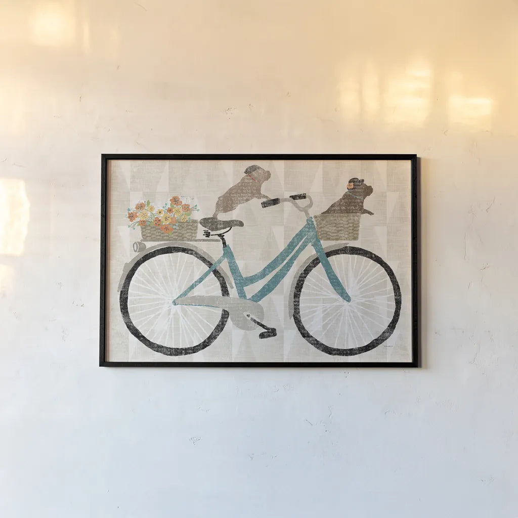 Frenchie Ride by Sue Schlabach. shown as a paper print in a black flame. Available as a archival giclee rolled canvas, fine art paper, or poster print. SKU 30983i.