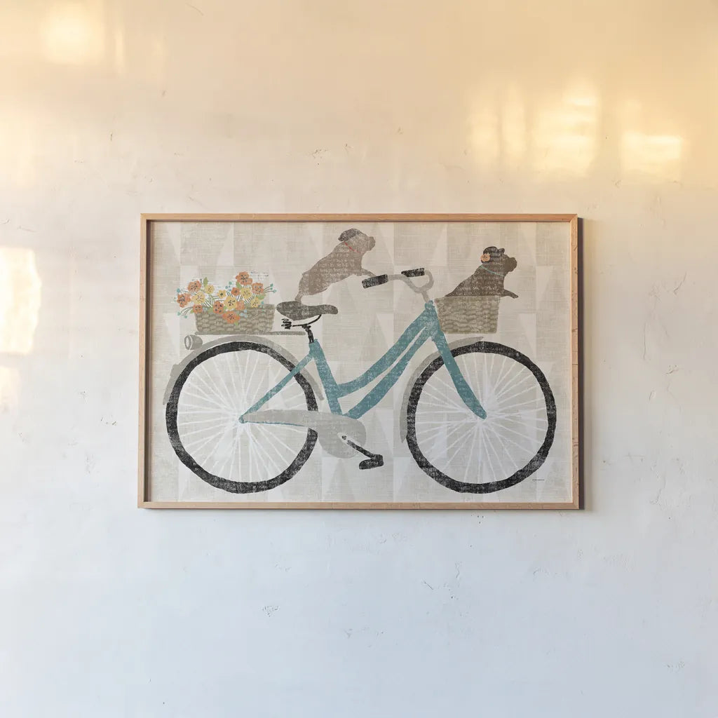 Frenchie Ride by Sue Schlabach. shown as a paper print in a natural frame. Available as a archival giclee rolled canvas, fine art paper, or poster print. SKU 30983i.