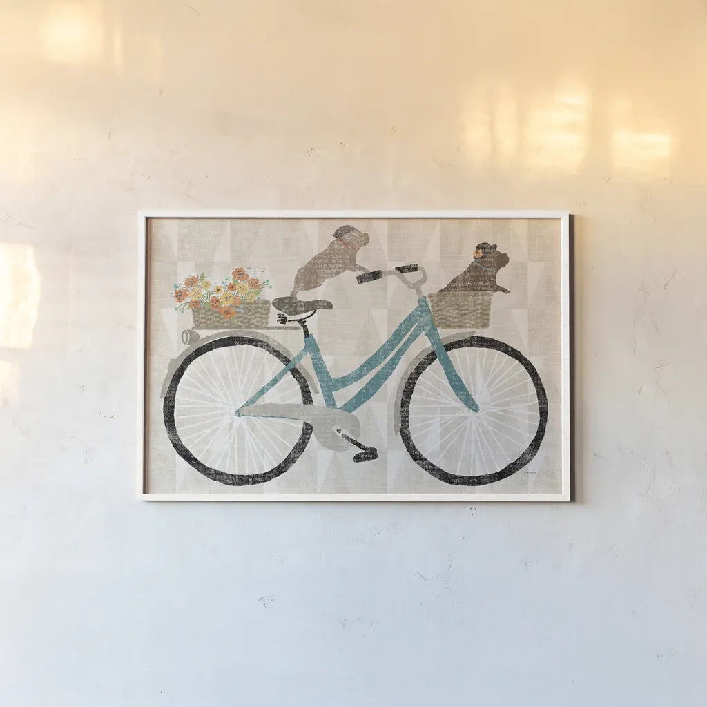 Frenchie Ride by Sue Schlabach. shown as a paper print in a white frame. Available as a archival giclee rolled canvas, fine art paper, or poster print. SKU 30983i.