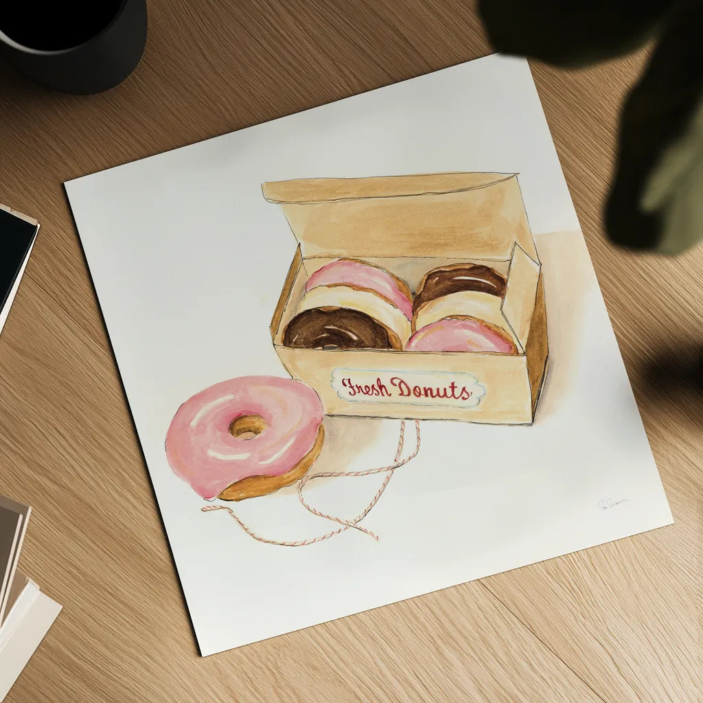 Fresh Donuts by Sue Schlabach. Shown as a detailed flat fine art print, highlighting archival giclee quality. Available as an archival giclee rolled canvas, fine art paper, or poster print. SKU 100843a.