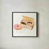 Fresh Donuts by Sue Schlabach. Shown in a sleek black glass frame for a contemporary gallery look. Available as an archival giclee rolled canvas, fine art paper, or poster print. SKU 100843a.