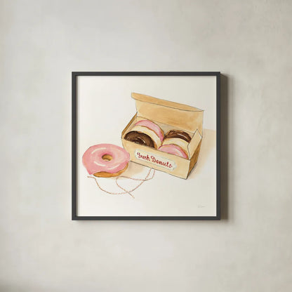 Fresh Donuts by Sue Schlabach. Shown in a sleek black glass frame for a contemporary gallery look. Available as an archival giclee rolled canvas, fine art paper, or poster print. SKU 100843a.