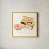 Fresh Donuts by Sue Schlabach. Shown in a natural wood glass frame for a timeless modern aesthetic. Available as an archival giclee rolled canvas, fine art paper, or poster print. SKU 100843a.