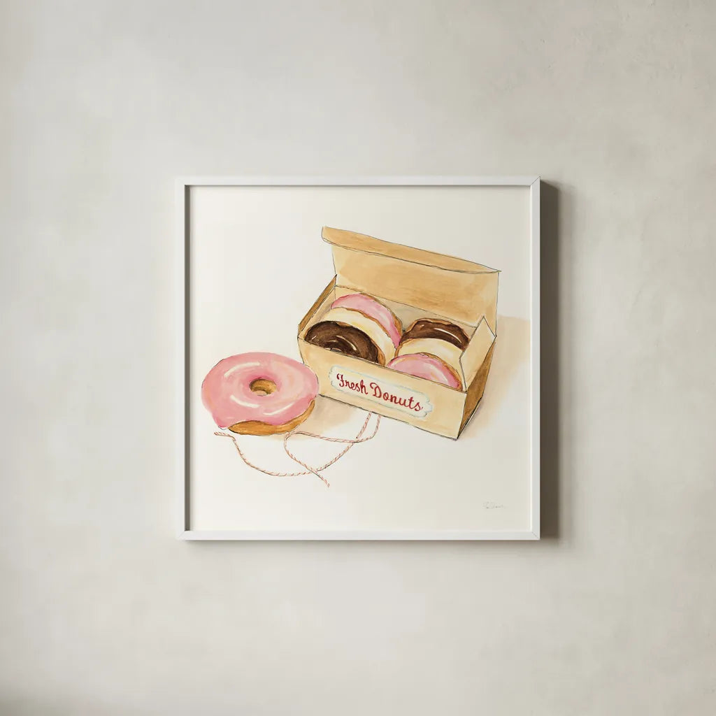 Fresh Donuts by Sue Schlabach. Shown in a crisp white glass frame for a clean and minimalist style. Available as an archival giclee rolled canvas, fine art paper, or poster print. SKU 100843a.
