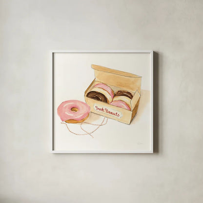Fresh Donuts by Sue Schlabach. Shown in a crisp white glass frame for a clean and minimalist style. Available as an archival giclee rolled canvas, fine art paper, or poster print. SKU 100843a.