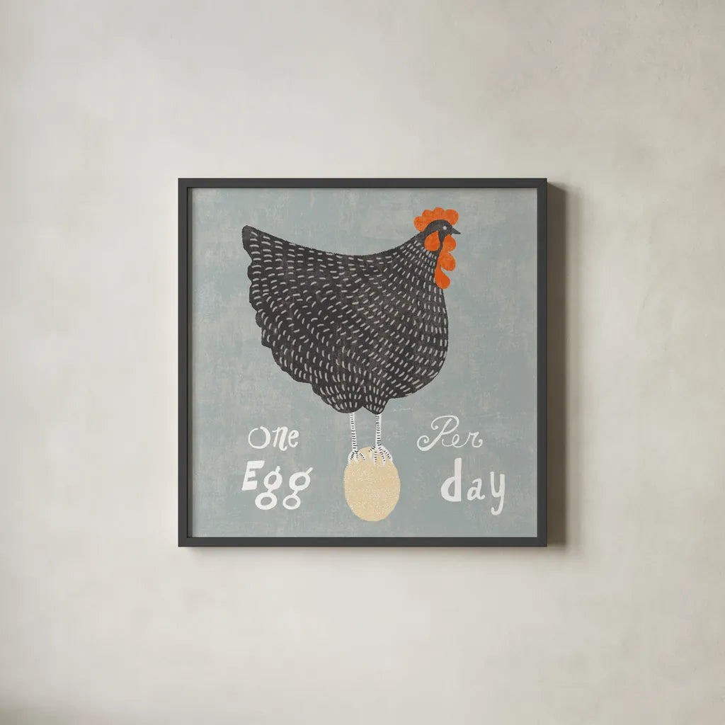 Fresh Eggs I by Sue Schlabach. Shown in a sleek black glass frame for a contemporary gallery look. Available as an archival giclee rolled canvas, fine art paper, or poster print. SKU 31007a.