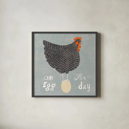 Fresh Eggs I by Sue Schlabach. Shown in a sleek black glass frame for a contemporary gallery look. Available as an archival giclee rolled canvas, fine art paper, or poster print. SKU 31007a.