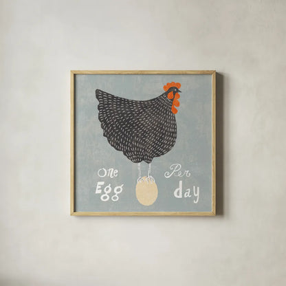 Fresh Eggs I by Sue Schlabach. Shown in a natural wood glass frame for a timeless modern aesthetic. Available as an archival giclee rolled canvas, fine art paper, or poster print. SKU 31007a.