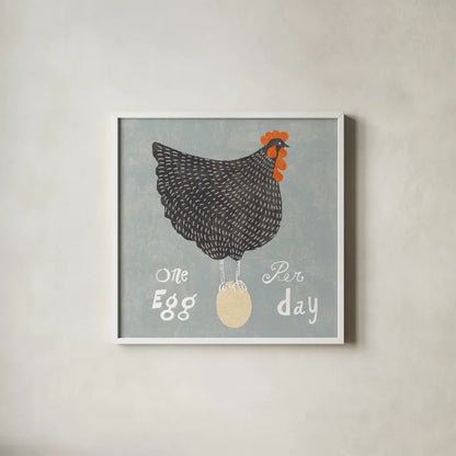 Fresh Eggs I by Sue Schlabach. Shown in a crisp white glass frame for a clean and minimalist style. Available as an archival giclee rolled canvas, fine art paper, or poster print. SKU 31007a.