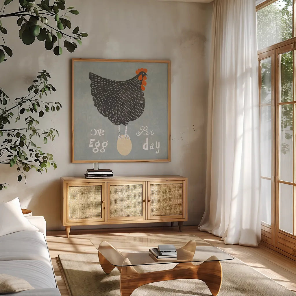 Fresh Eggs I by Sue Schlabach. Shown in a natural wood frame in a cozy modern living room. Available as an archival giclee rolled canvas, fine art paper, or poster print. SKU 31007a.