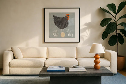 Fresh Eggs I by Sue Schlabach. Displayed in a glass frame with matte in a clean modern living room. Available as an archival giclee rolled canvas, fine art paper, or poster print. SKU 31007a.