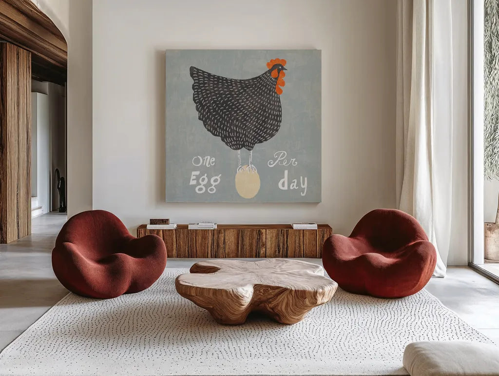 Fresh Eggs I by Sue Schlabach. Shown as extra-large giant wall art in a modern living room. Available as an archival giclee rolled canvas, fine art paper, or poster print. SKU 31007a.