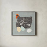 Fresh Eggs II by Sue Schlabach. Shown in a sleek black glass frame for a contemporary gallery look. Available as an archival giclee rolled canvas, fine art paper, or poster print. SKU 31008a.