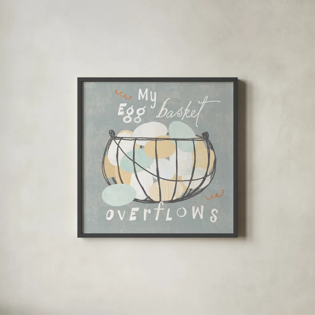 Fresh Eggs III by Sue Schlabach. Shown in a sleek black glass frame for a contemporary gallery look. Available as an archival giclee rolled canvas, fine art paper, or poster print. SKU 31009a.