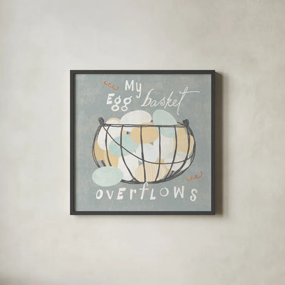 Fresh Eggs III by Sue Schlabach. Shown in a sleek black glass frame for a contemporary gallery look. Available as an archival giclee rolled canvas, fine art paper, or poster print. SKU 31009a.