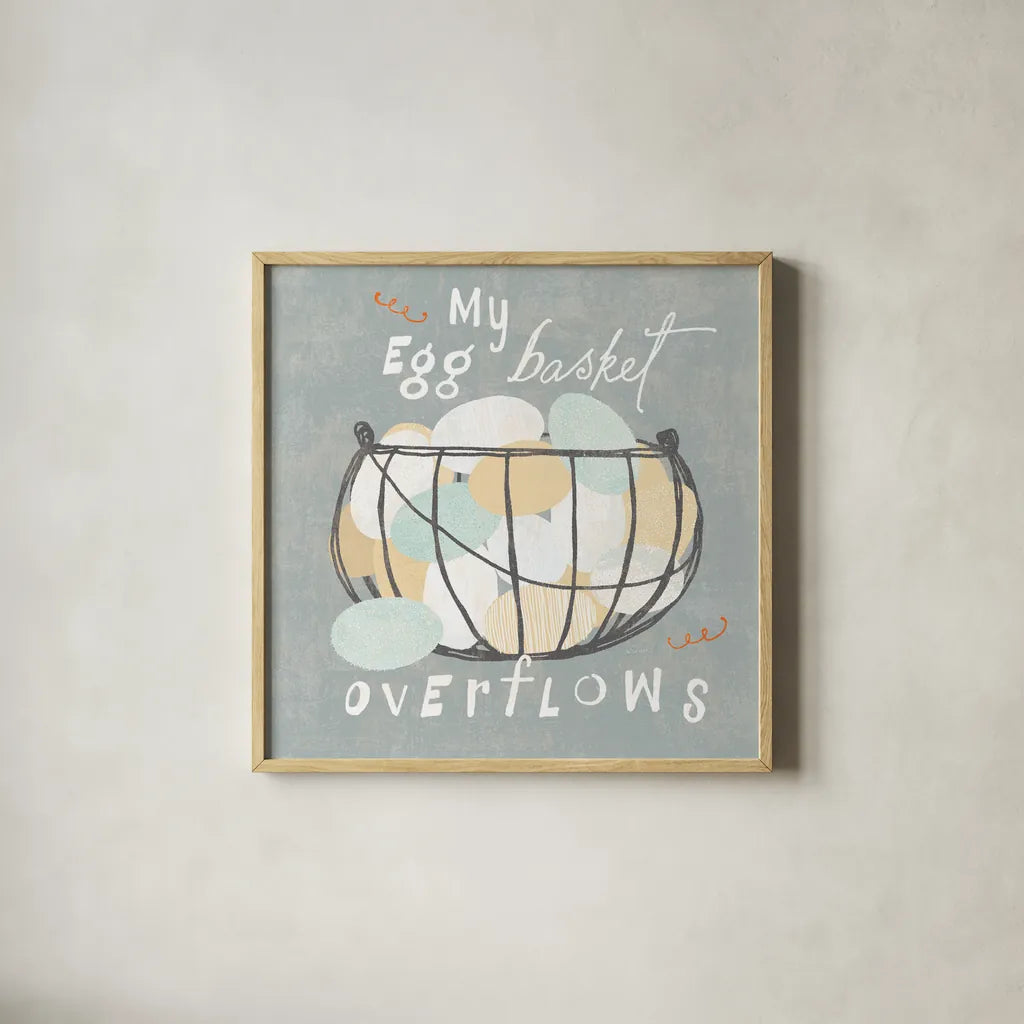 Fresh Eggs III by Sue Schlabach. Shown in a natural wood glass frame for a timeless modern aesthetic. Available as an archival giclee rolled canvas, fine art paper, or poster print. SKU 31009a.