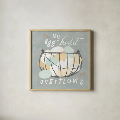 Fresh Eggs III by Sue Schlabach. Shown in a natural wood glass frame for a timeless modern aesthetic. Available as an archival giclee rolled canvas, fine art paper, or poster print. SKU 31009a.