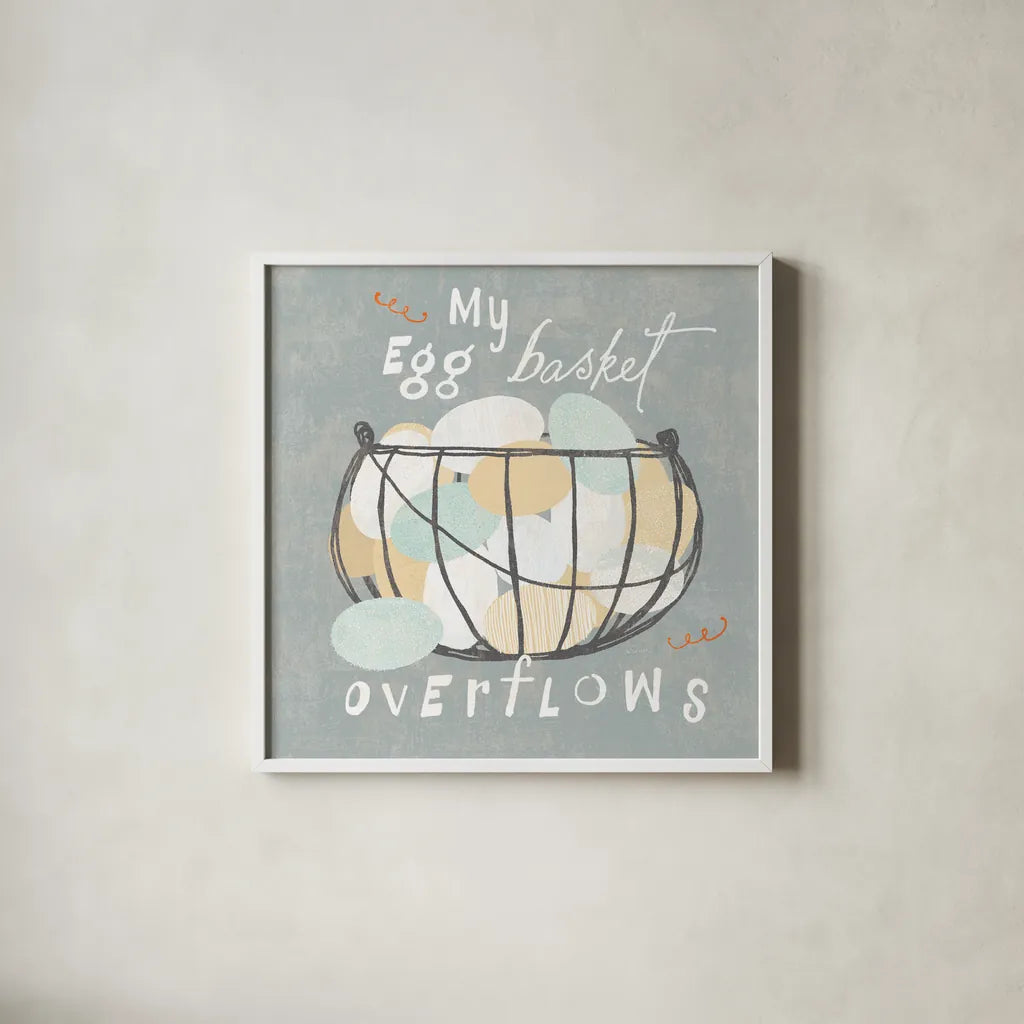 Fresh Eggs III by Sue Schlabach. Shown in a crisp white glass frame for a clean and minimalist style. Available as an archival giclee rolled canvas, fine art paper, or poster print. SKU 31009a.