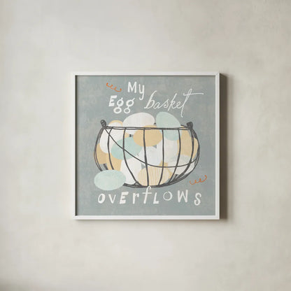 Fresh Eggs III by Sue Schlabach. Shown in a crisp white glass frame for a clean and minimalist style. Available as an archival giclee rolled canvas, fine art paper, or poster print. SKU 31009a.