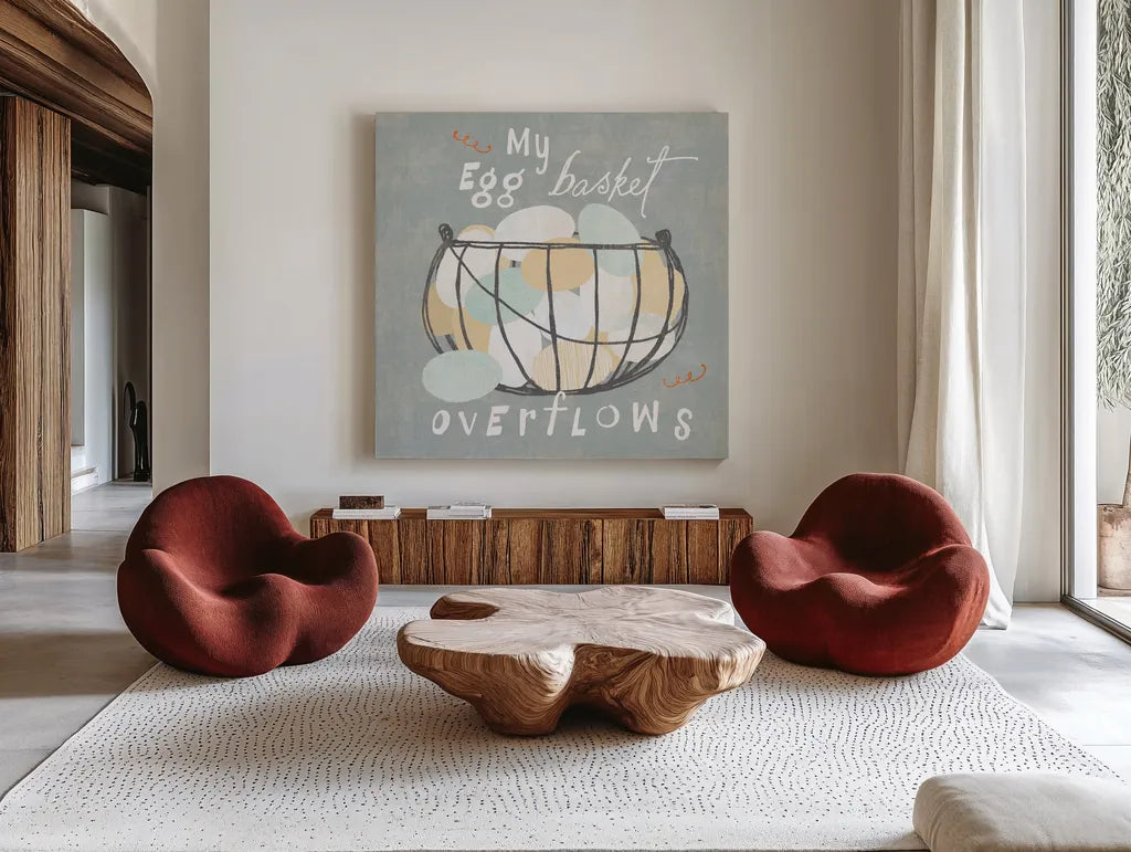 Fresh Eggs III by Sue Schlabach. Shown as extra-large giant wall art in a modern living room. Available as an archival giclee rolled canvas, fine art paper, or poster print. SKU 31009a.
