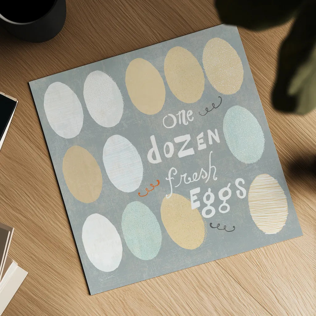 Fresh Eggs IV by Sue Schlabach. Shown as a detailed flat fine art print, highlighting archival giclee quality. Available as an archival giclee rolled canvas, fine art paper, or poster print. SKU 31010a.