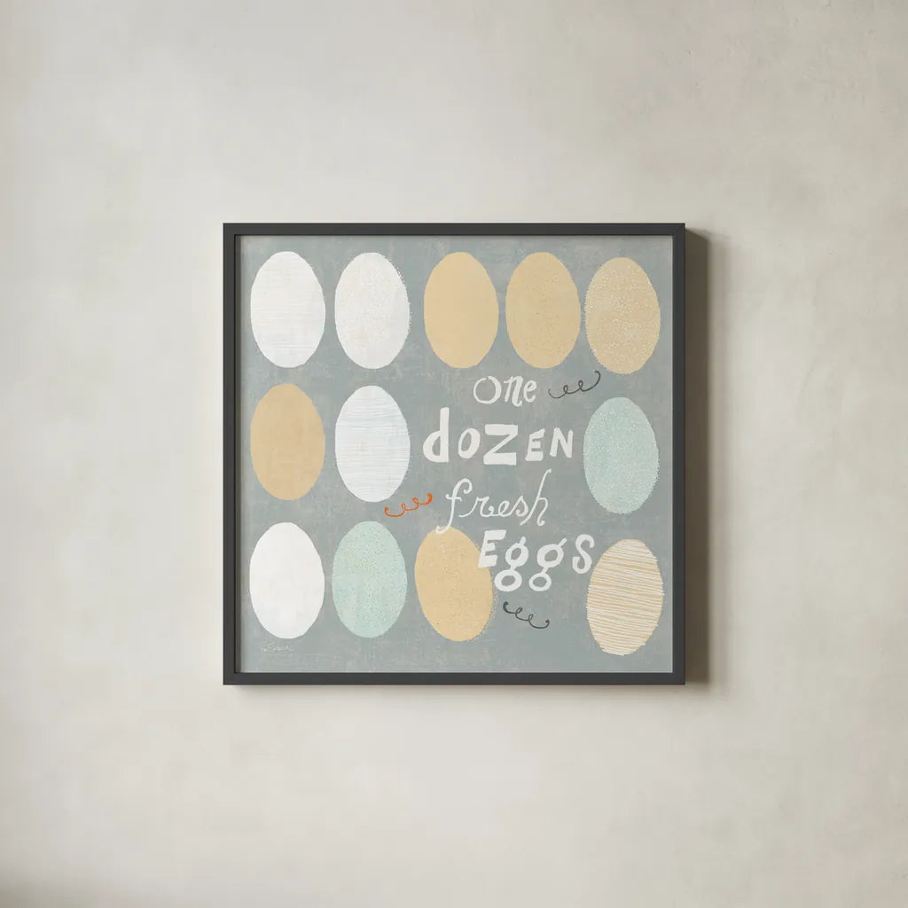 Fresh Eggs IV by Sue Schlabach. Shown in a sleek black glass frame for a contemporary gallery look. Available as an archival giclee rolled canvas, fine art paper, or poster print. SKU 31010a.