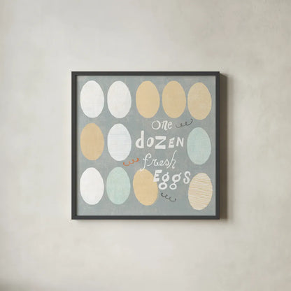 Fresh Eggs IV by Sue Schlabach. Shown in a sleek black glass frame for a contemporary gallery look. Available as an archival giclee rolled canvas, fine art paper, or poster print. SKU 31010a.