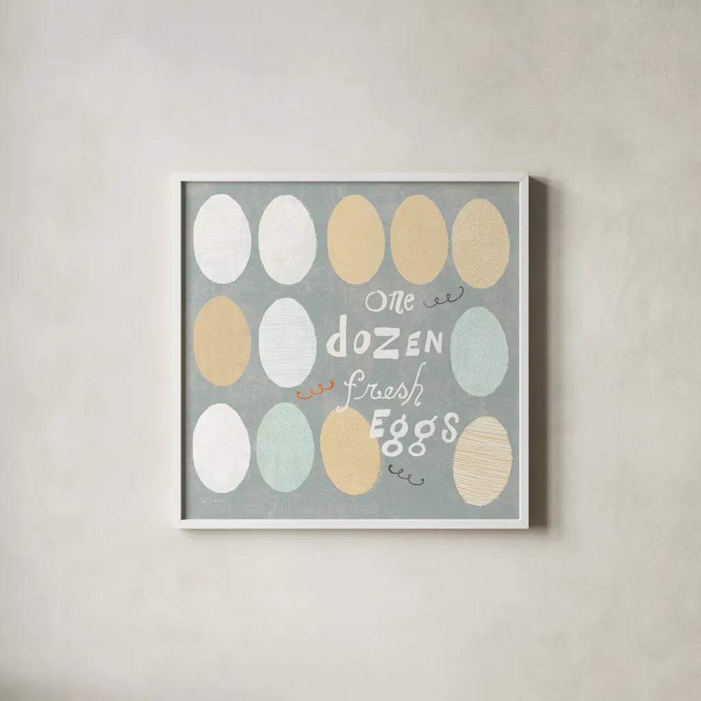 Fresh Eggs IV by Sue Schlabach. Shown in a crisp white glass frame for a clean and minimalist style. Available as an archival giclee rolled canvas, fine art paper, or poster print. SKU 31010a.