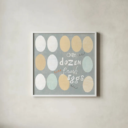 Fresh Eggs IV by Sue Schlabach. Shown in a crisp white glass frame for a clean and minimalist style. Available as an archival giclee rolled canvas, fine art paper, or poster print. SKU 31010a.