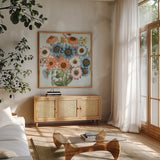 Fresh Midsummer I by Sue Schlabach. Shown in a natural wood frame in a cozy modern living room. Available as an archival giclee rolled canvas, fine art paper, or poster print. SKU 55326a.