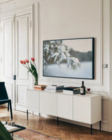 Frosted White Pine by Sue Schlabach. shown as a framed stretched canvas in a living room above a console. Available as a archival giclee rolled canvas, fine art paper, or poster print. SKU 60940i.