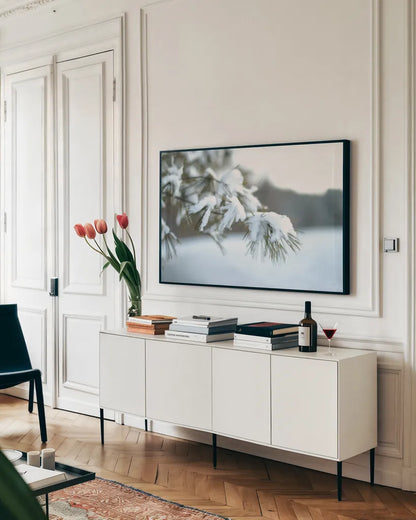 Frosted White Pine by Sue Schlabach. shown as a framed stretched canvas in a living room above a console. Available as a archival giclee rolled canvas, fine art paper, or poster print. SKU 60940i.