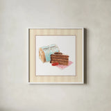 Gateau Chocolate on Stripes by Sue Schlabach. Shown in a crisp white glass frame for a clean and minimalist style. Available as an archival giclee rolled canvas, fine art paper, or poster print. SKU 100846a.
