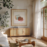 Gateau Chocolate on Stripes by Sue Schlabach. Shown in a natural wood frame in a cozy modern living room. Available as an archival giclee rolled canvas, fine art paper, or poster print. SKU 100846a.
