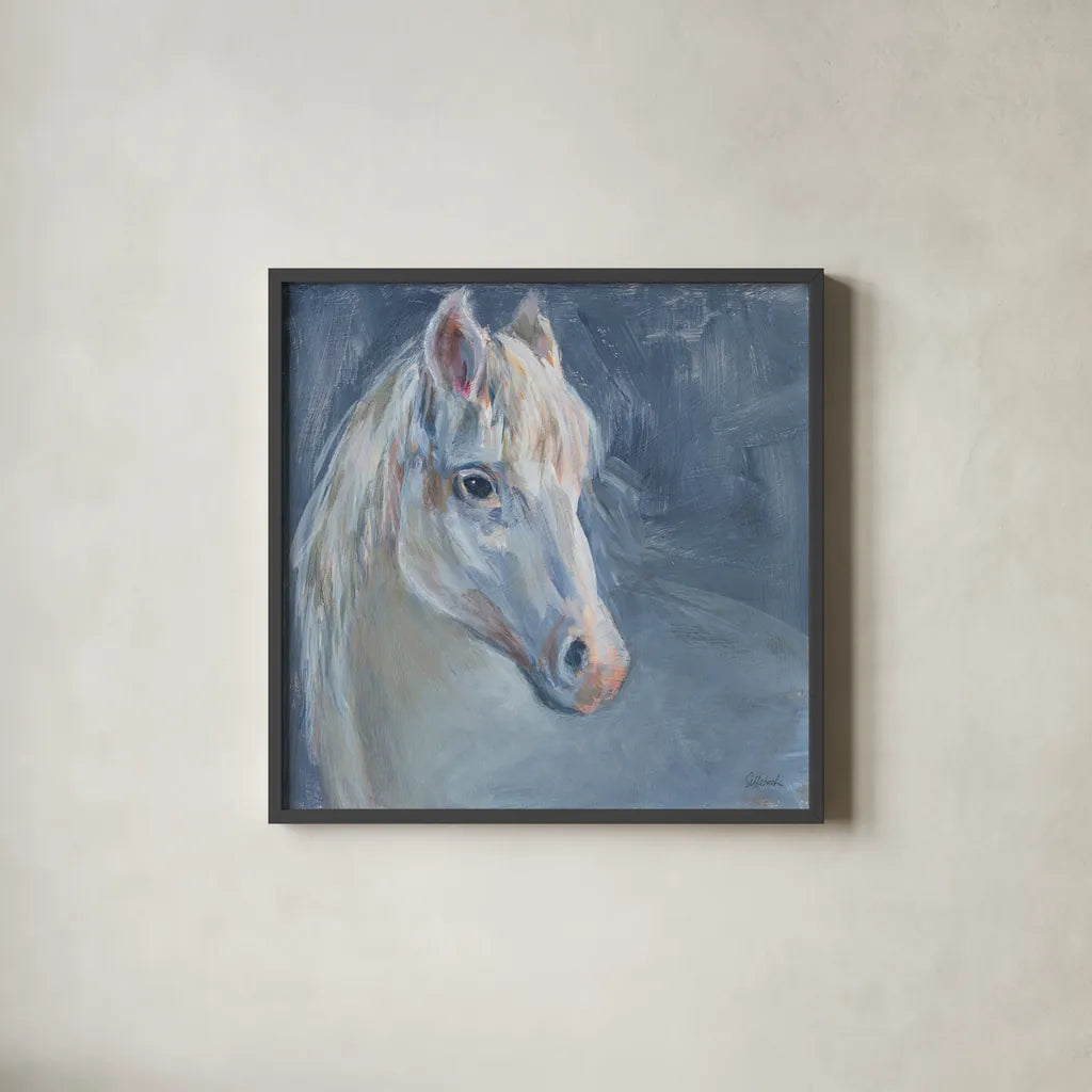 Gentle Gray Horse by Sue Schlabach. Shown in a sleek black glass frame for a contemporary gallery look. Available as an archival giclee rolled canvas, fine art paper, or poster print. SKU 84820a.